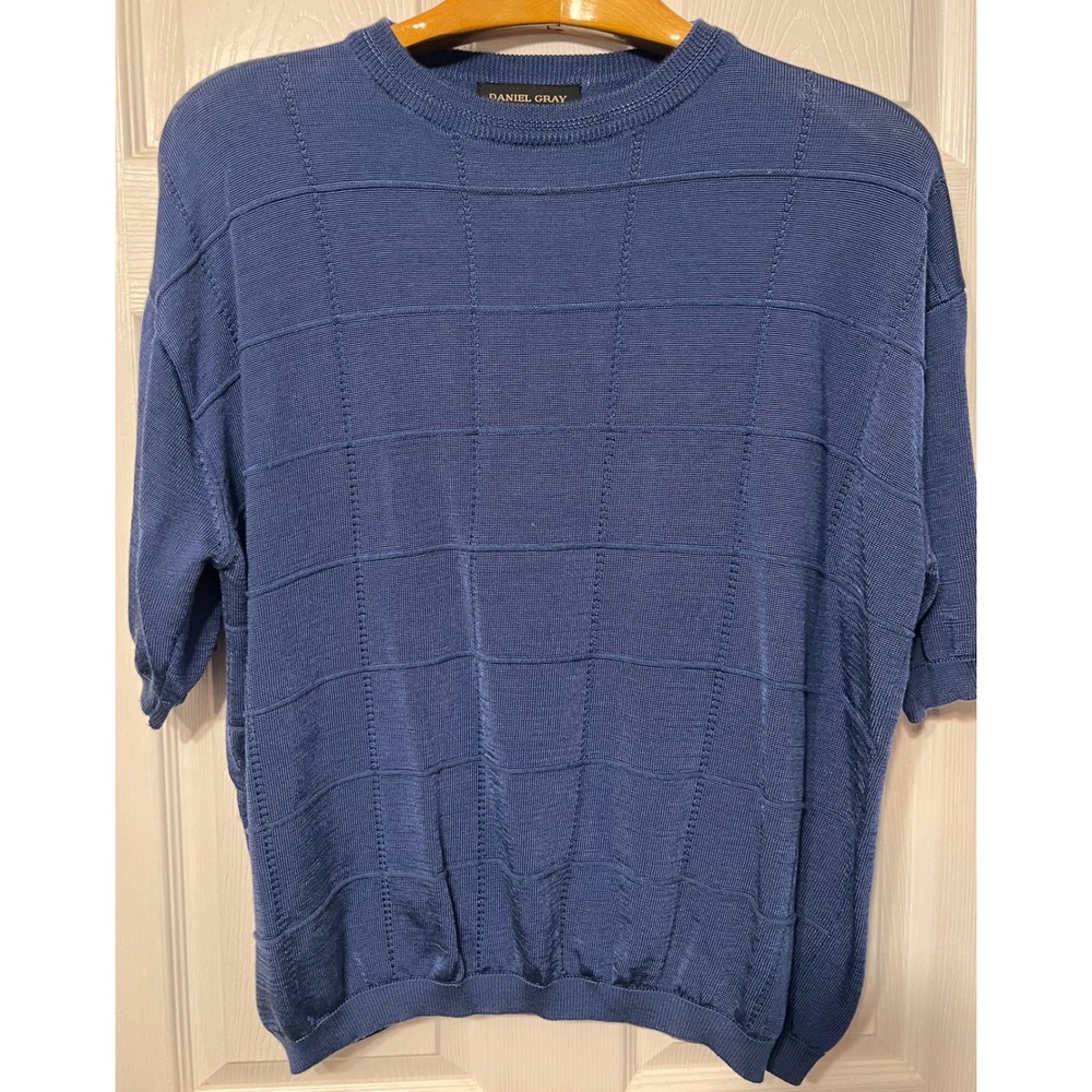Daniel Gray Mens XXL Slate Blue Textured Grid‎ Short Sleeve Knit Sweater Rayon